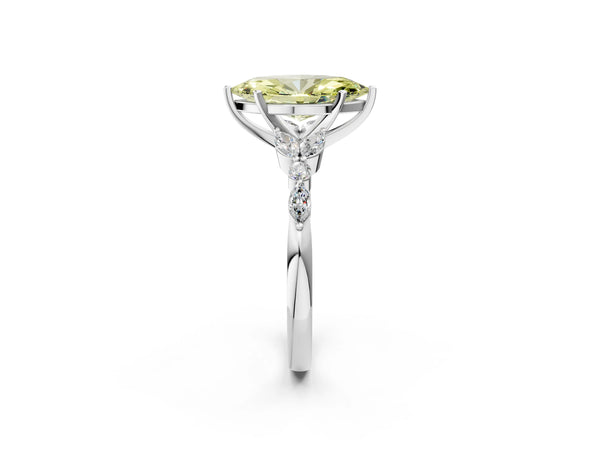 Platinum Fancy Yellow Marquise Cut Diamond Solitaire Ring with Side Stones and Four-Prong Setting
