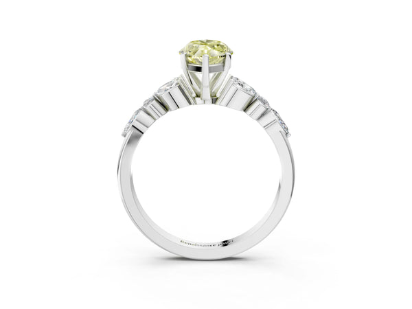 Platinum Fancy Yellow Marquise Cut Diamond Solitaire Ring with Side Stones and Four-Prong Setting