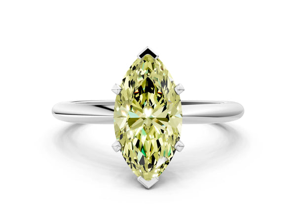 White gold Fancy Yellow Marquise Cut Diamond Solitaire Ring with Six-Prong Setting and Classic Band