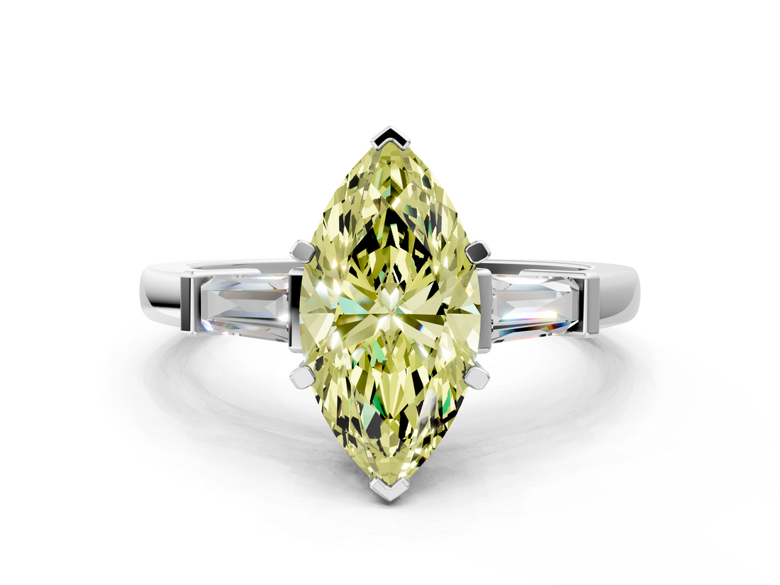 White gold Fancy Yellow Marquise  Cut Diamond Solitaire Ring with Tapered Baguette Accents and Four-Prong Setting