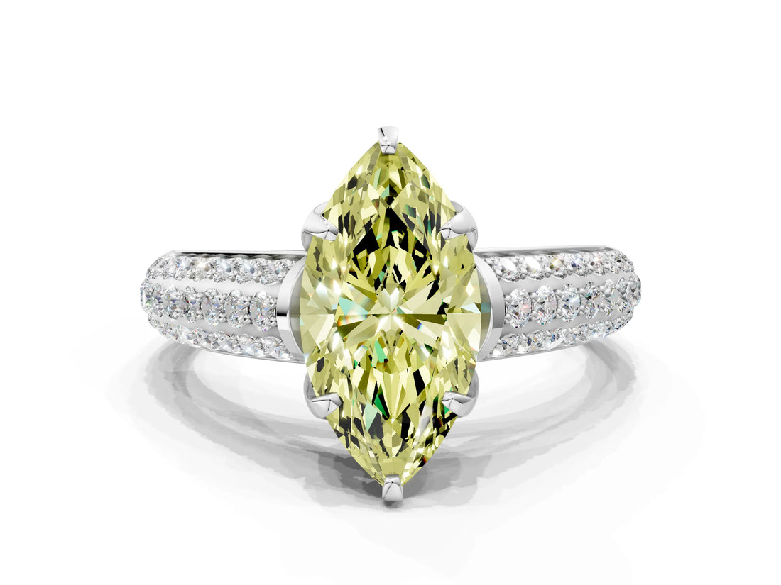 White gold Fancy Yellow Marquise Cut Diamond Solitaire Ring with Three-Row Pavé Band and Four-Prong Setting_29
