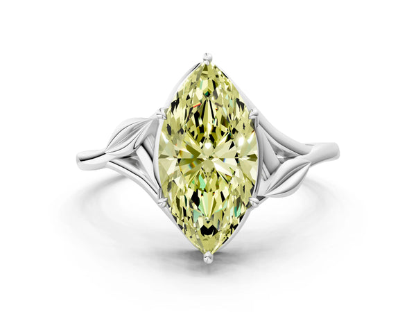 White gold Fancy Yellow Marquise Cut Diamond Solitaire Ring with Twist Band and Four-Prong Setting