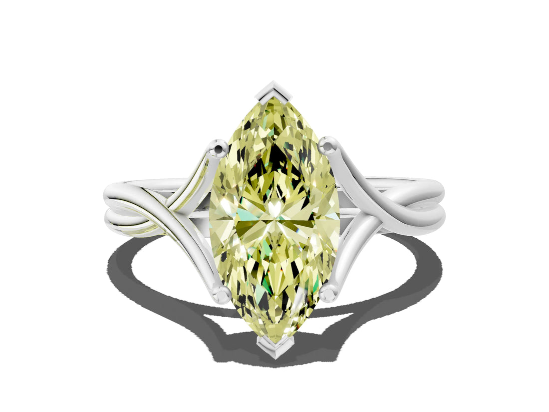 White gold Fancy Yellow Marquise Cut Diamond Solitaire Twist Band Prong Setting Ring_79