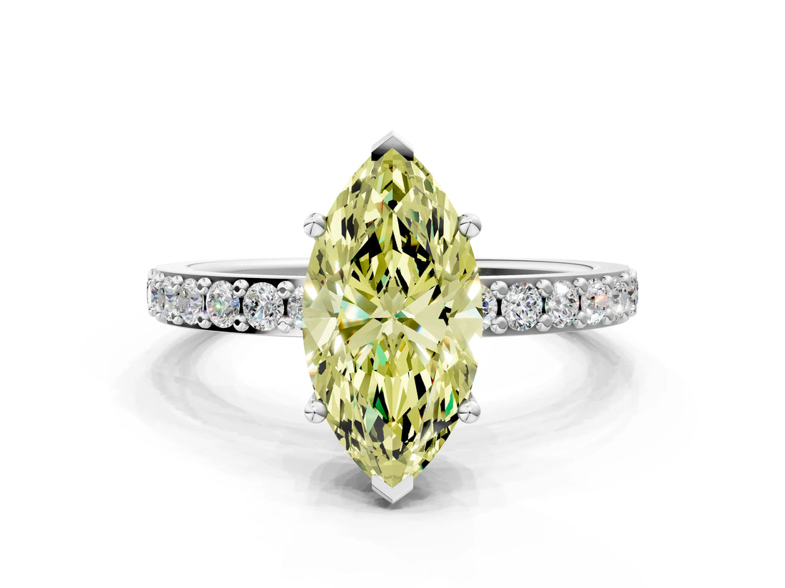 White gold Fancy Yellow Marquise  Cut Diamond Solitaire with Pave Band and Four-Prong Setting 6