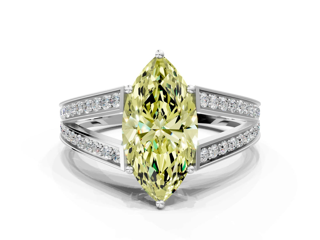 White gold Fancy Yellow Marquise Cut Diamond Split Shank Ring with Pavé Band and Four-Prong Setting_17