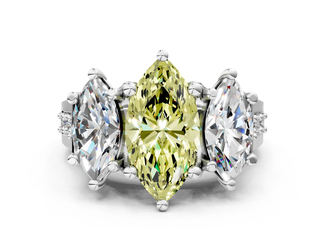 White gold Fancy Yellow Marquise Cut Diamond Three-Stone Ring with Channel Set Band and Four-Prong Setting_41