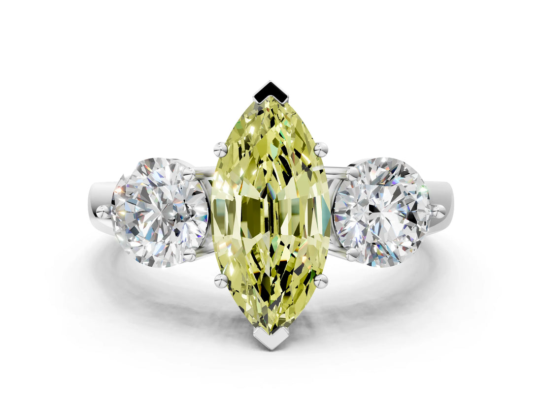 White gold Fancy Yellow Marquise Cut Diamond Three-Stone Ring with Prong Setting and Classic Band_46