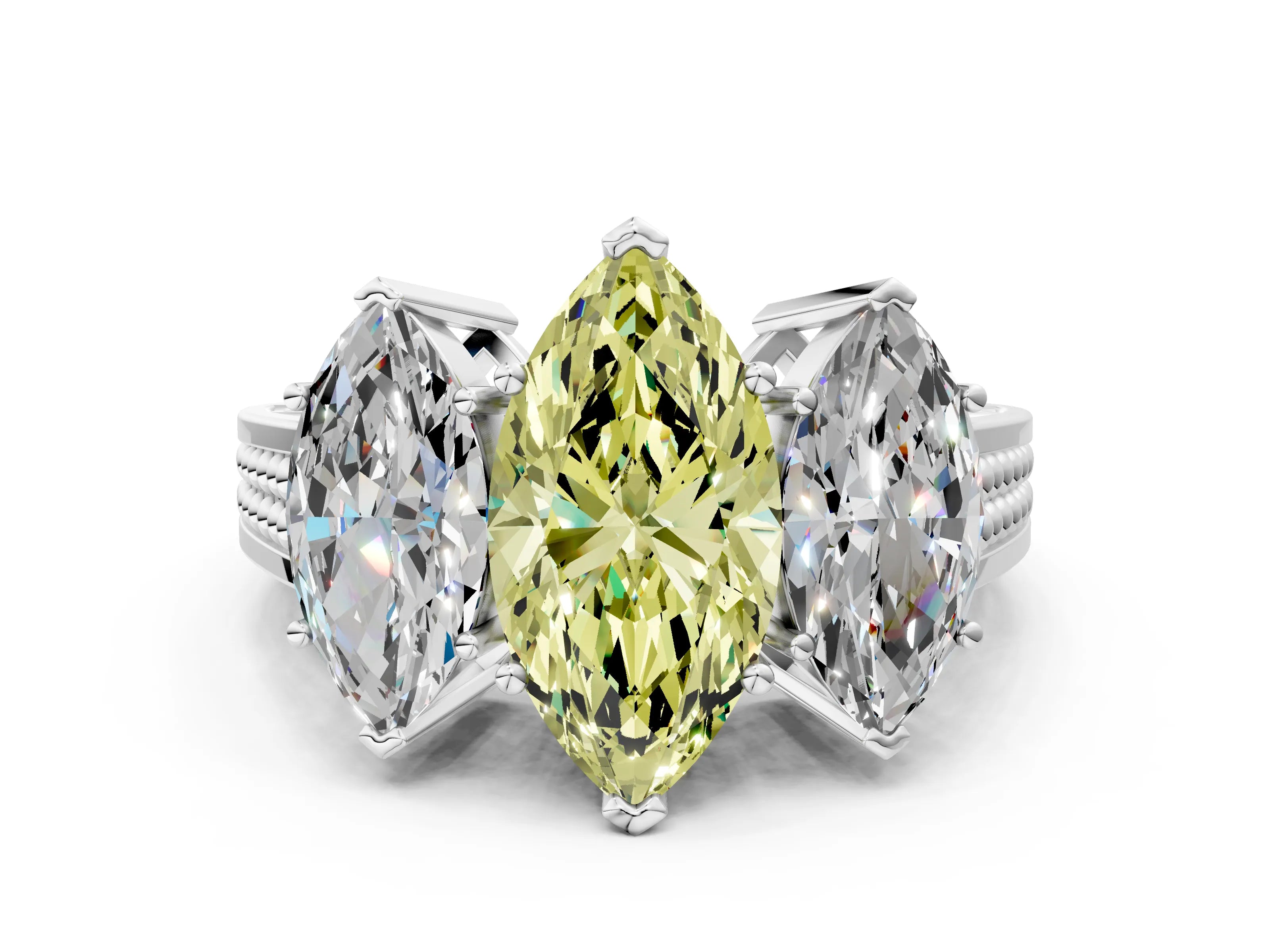White gold Fancy Yellow Marquise Cut Diamond Three-Stone Ring with Prong Setting and Textured Band_24