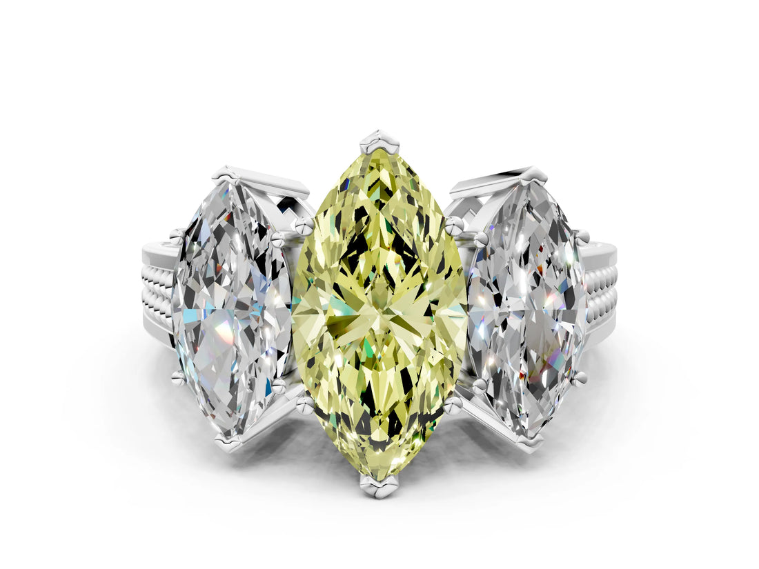 White gold Fancy Yellow Marquise Cut Diamond Three-Stone Ring with Prong Setting and Textured Band_24