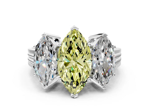 White gold Fancy Yellow Marquise Cut Diamond Three-Stone Ring with Prong Setting and Textured Band_24