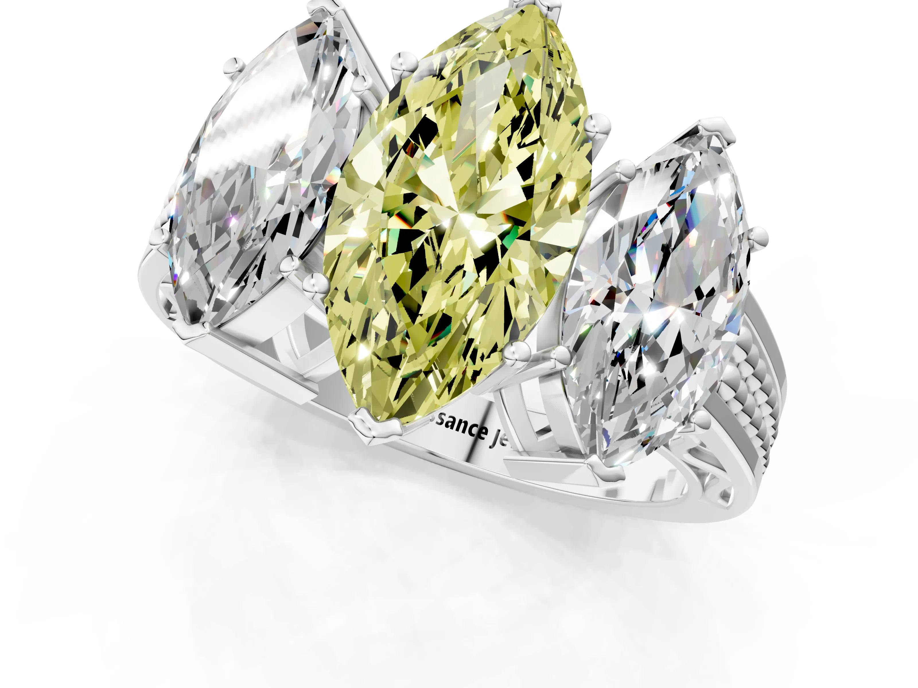 White gold Fancy Yellow Marquise Cut Diamond Three-Stone Ring with Prong Setting and Textured Band_25