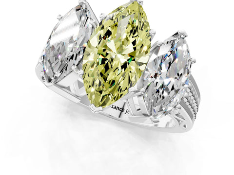 White gold Fancy Yellow Marquise Cut Diamond Three-Stone Ring with Prong Setting and Textured Band_25