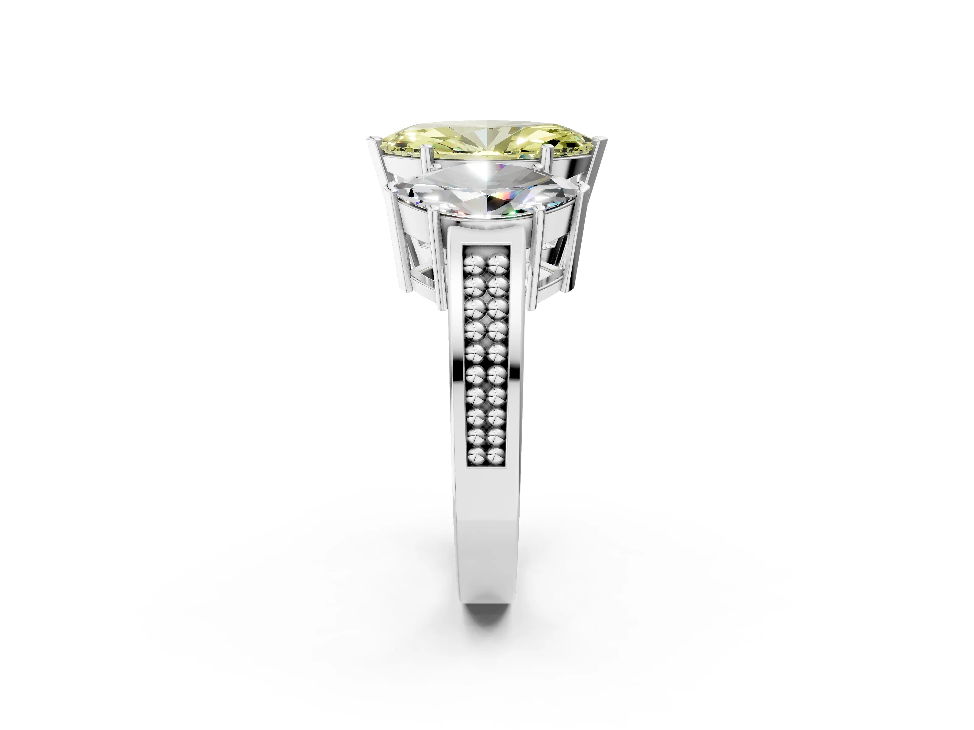 White gold Fancy Yellow Marquise Cut Diamond Three-Stone Ring with Prong Setting and Textured Band_26