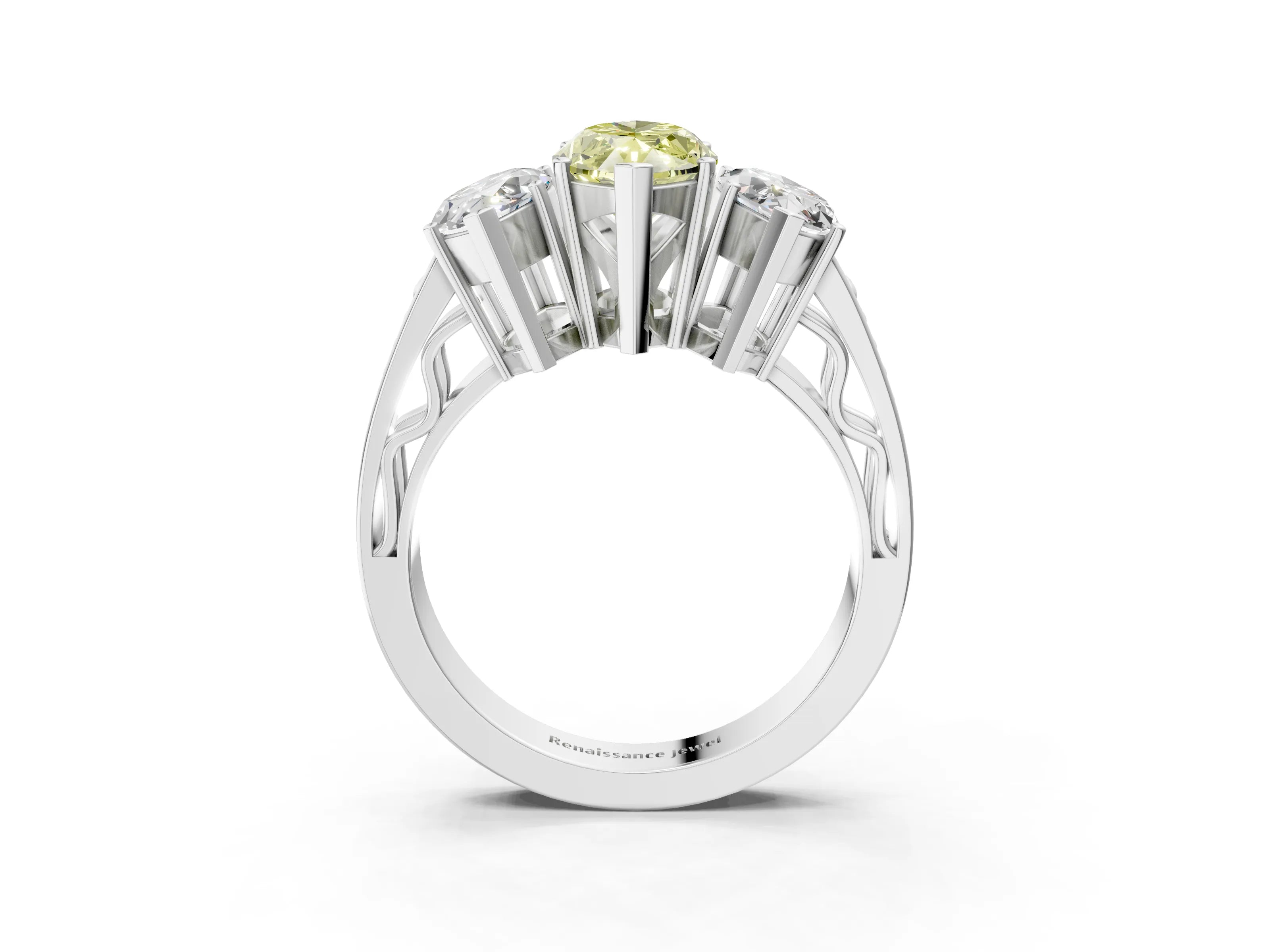 White gold Fancy Yellow Marquise Cut Diamond Three-Stone Ring with Prong Setting and Textured Band_27
