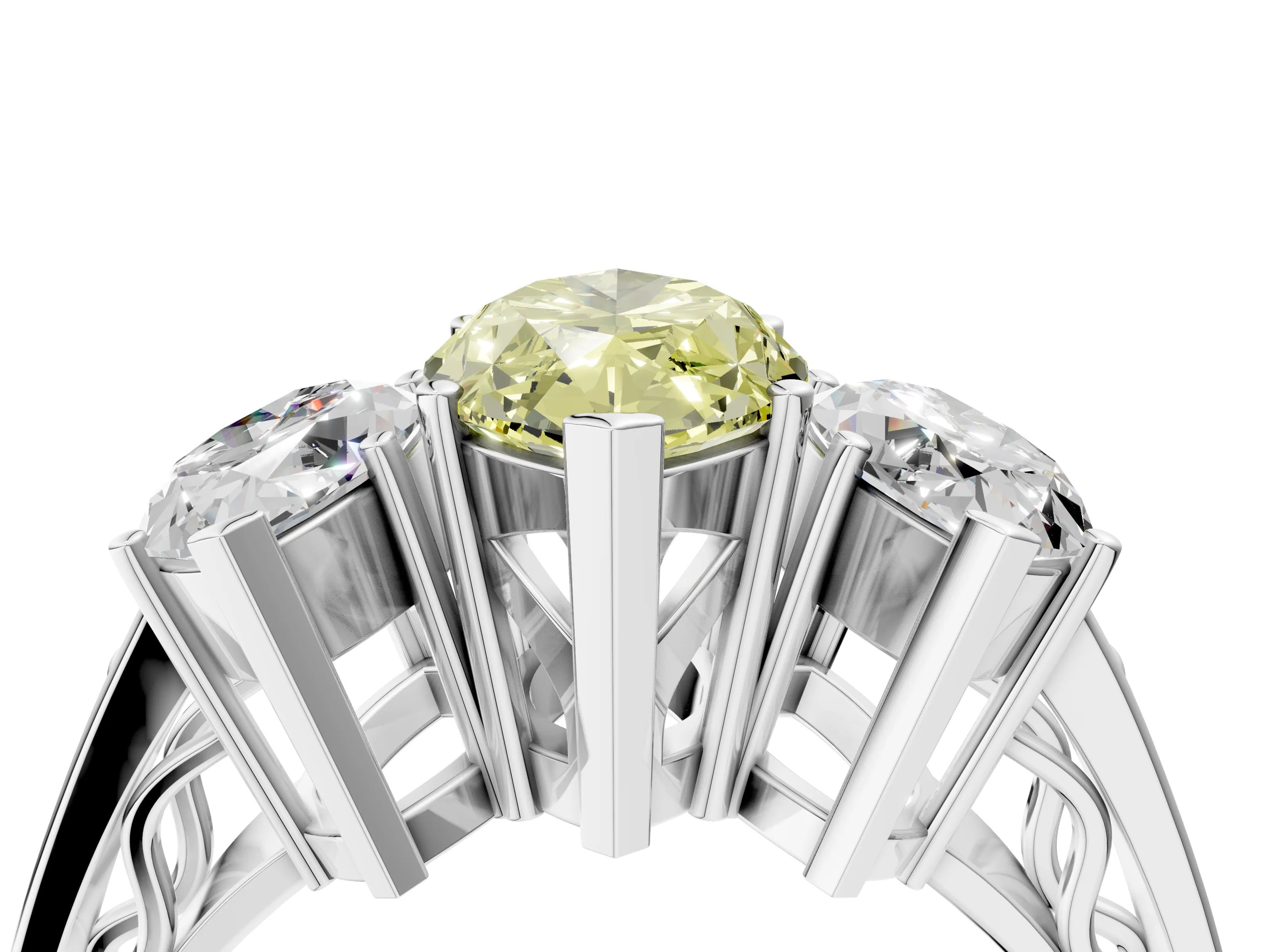 White gold Fancy Yellow Marquise Cut Diamond Three-Stone Ring with Prong Setting and Textured Band_28