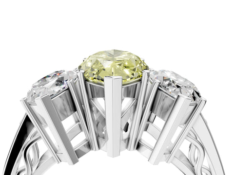 White gold Fancy Yellow Marquise Cut Diamond Three-Stone Ring with Prong Setting and Textured Band_28