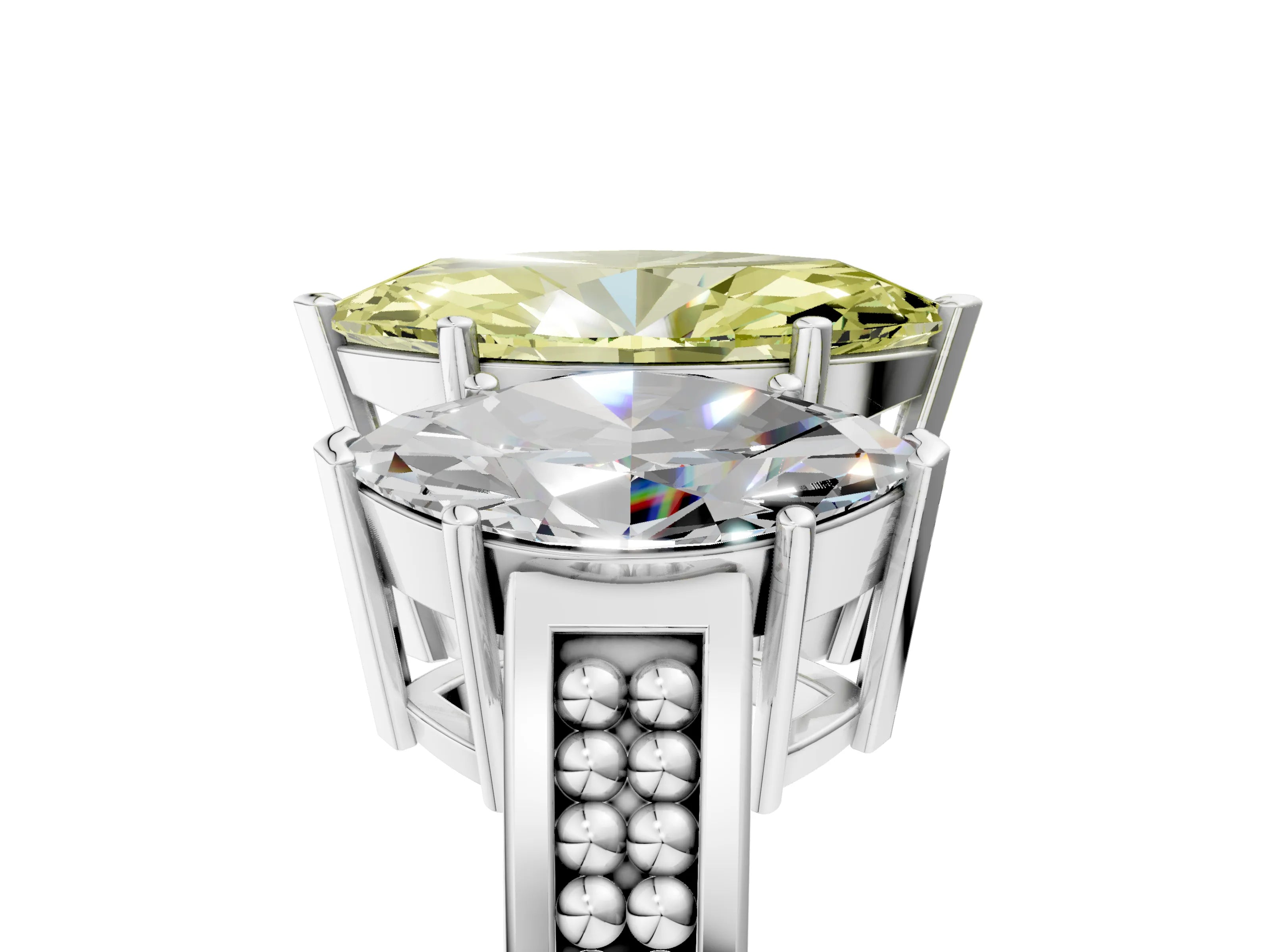White gold Fancy Yellow Marquise Cut Diamond Three-Stone Ring with Prong Setting and Textured Band_29