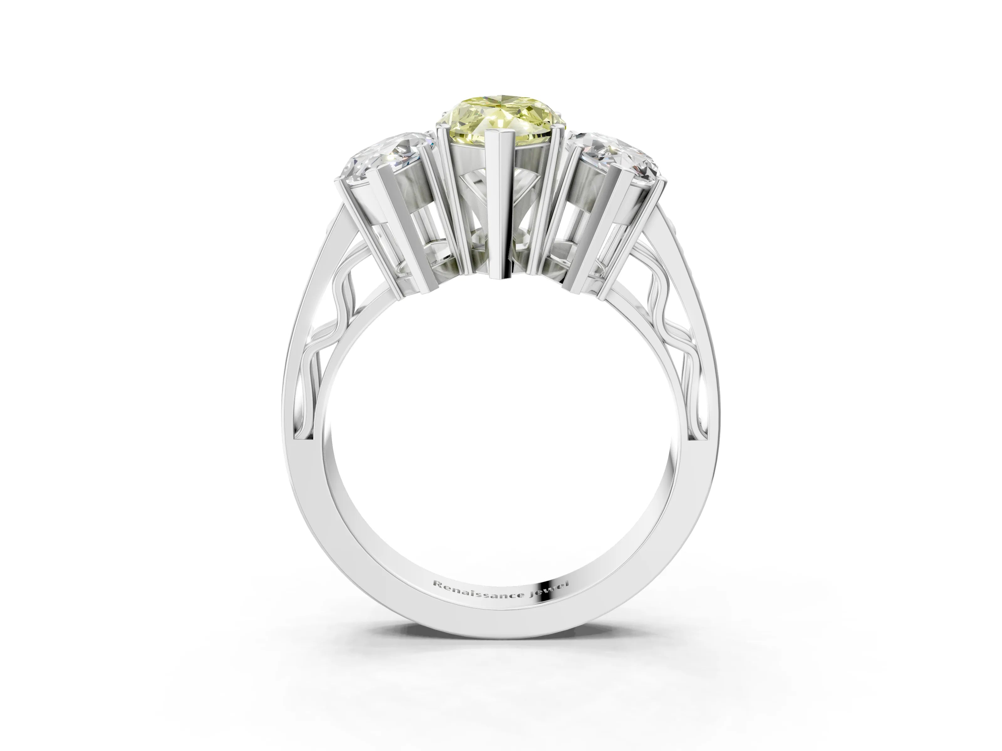 White gold Fancy Yellow Marquise Cut Diamond Three-Stone Ring with Prong Setting and Textured Band_3