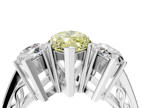 White gold Fancy Yellow Marquise Cut Diamond Three-Stone Ring with Prong Setting and Textured Band_4