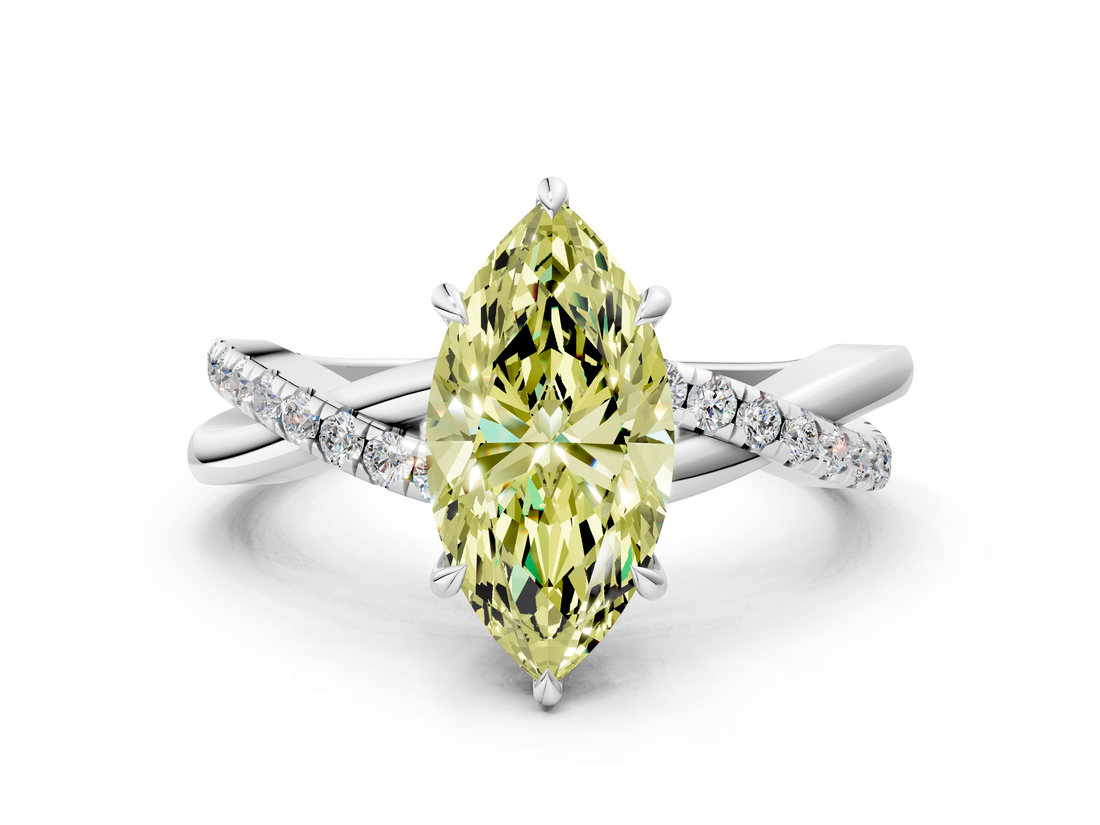 White gold Fancy Yellow Marquise  Cut Diamond Twisted Band with Pavé Setting and Four-Prong Setting