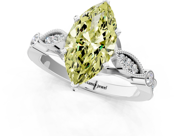 White gold Fancy Yellow Marquise  Cut Diamond with Milgrain Marquise and Bezel Accents on a Solitaire Band with Prong Setting