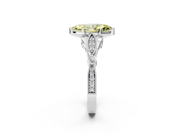 White gold Fancy Yellow Marquise  Cut Diamond with Milgrain Marquise and Bezel Accents on a Solitaire Band with Prong Setting