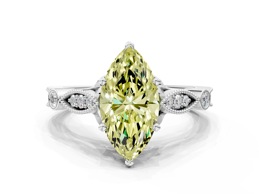 White gold Fancy Yellow Marquise  Cut Diamond with Milgrain Marquise and Bezel Accents on a Solitaire Band with Prong Setting