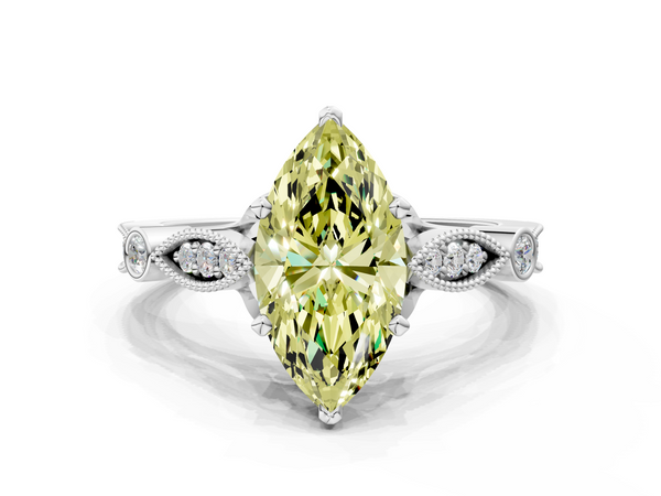 White gold Fancy Yellow Marquise  Cut Diamond with Milgrain Marquise and Bezel Accents on a Solitaire Band with Prong Setting