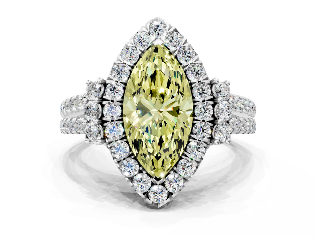 White gold Fancy Yellow Marquise  Cut Double Halo Diamond Engagement Ring with Pave Band and Four-Prong Setting_79