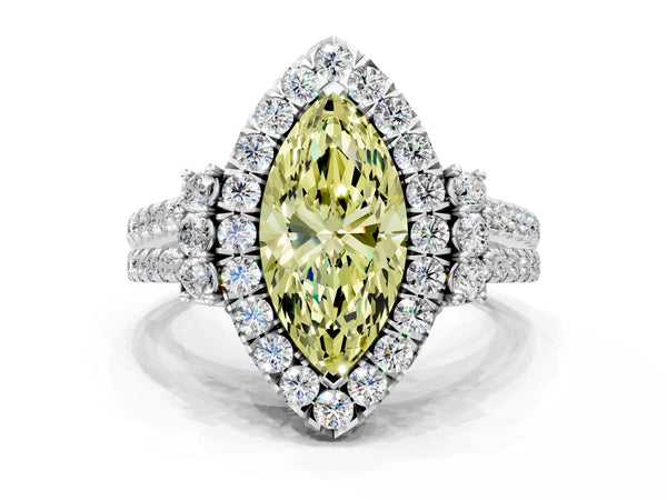Platinum Fancy Yellow Marquise  Cut Double Halo Diamond Engagement Ring with Pave Band and Four-Prong Setting