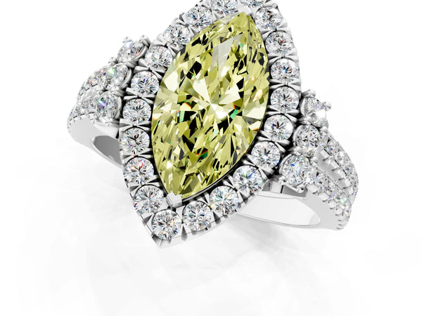 Platinum Fancy Yellow Marquise  Cut Double Halo Diamond Engagement Ring with Pave Band and Four-Prong Setting