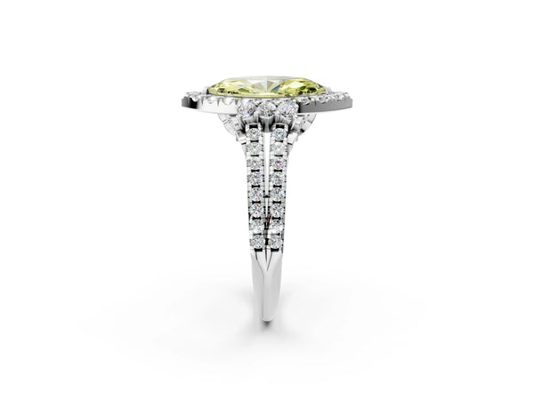 Platinum Fancy Yellow Marquise  Cut Double Halo Diamond Engagement Ring with Pave Band and Four-Prong Setting