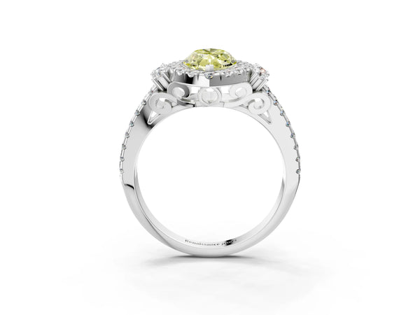 Platinum Fancy Yellow Marquise  Cut Double Halo Diamond Engagement Ring with Pave Band and Four-Prong Setting