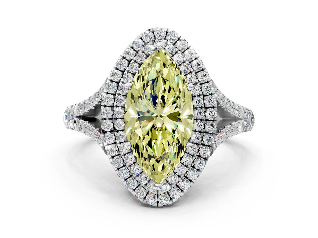 White gold Fancy Yellow Marquise  Cut Double Halo Split Shank Diamond Ring with Prong Setting_29