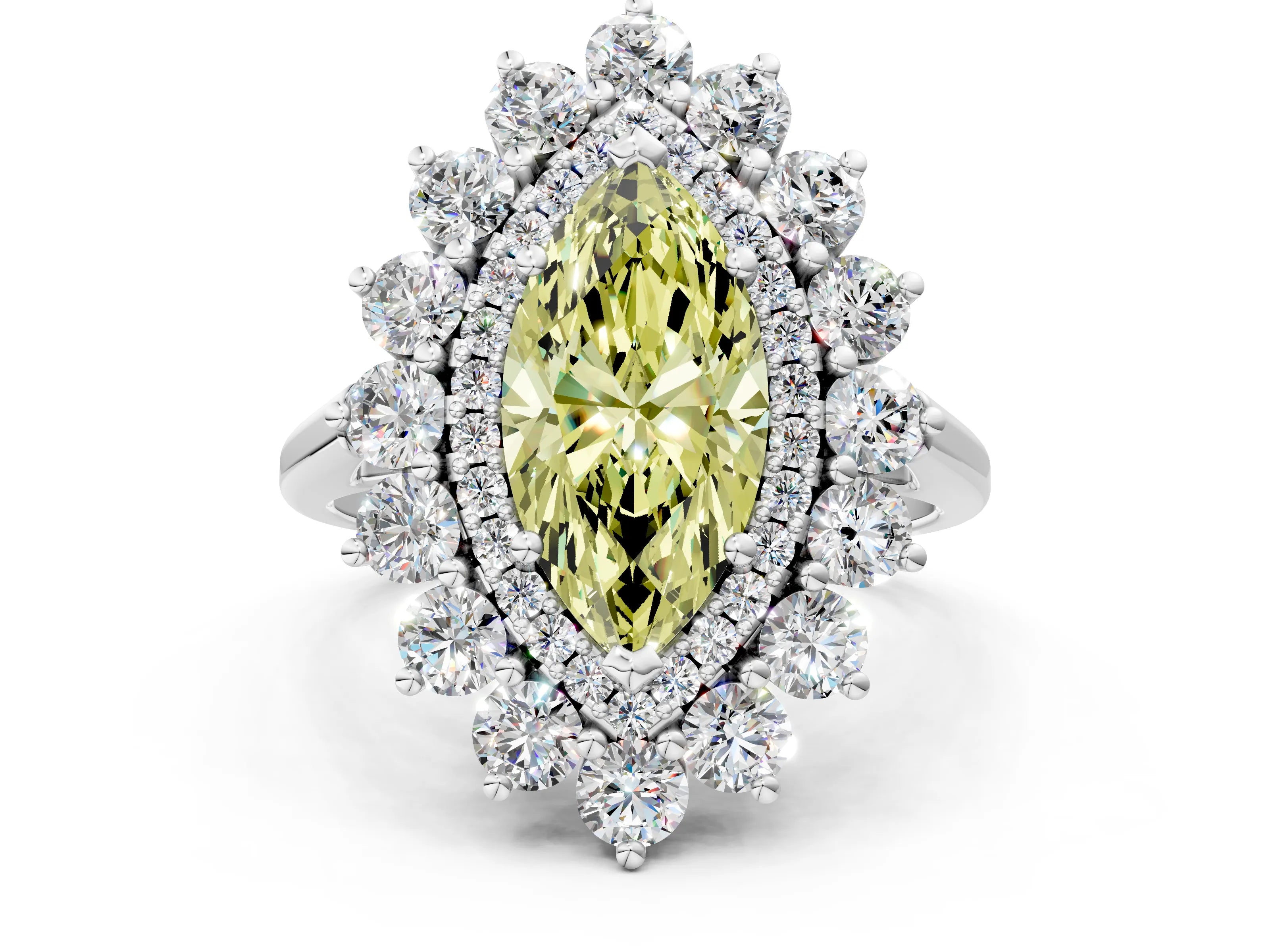 White gold Fancy Yellow Marquise Cut Halo Cluster Diamond Ring with Pave Band and Four-Prong Setting_12