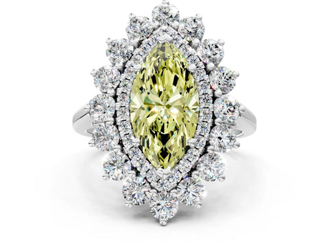 White gold Fancy Yellow Marquise Cut Halo Cluster Diamond Ring with Pave Band and Four-Prong Setting_12