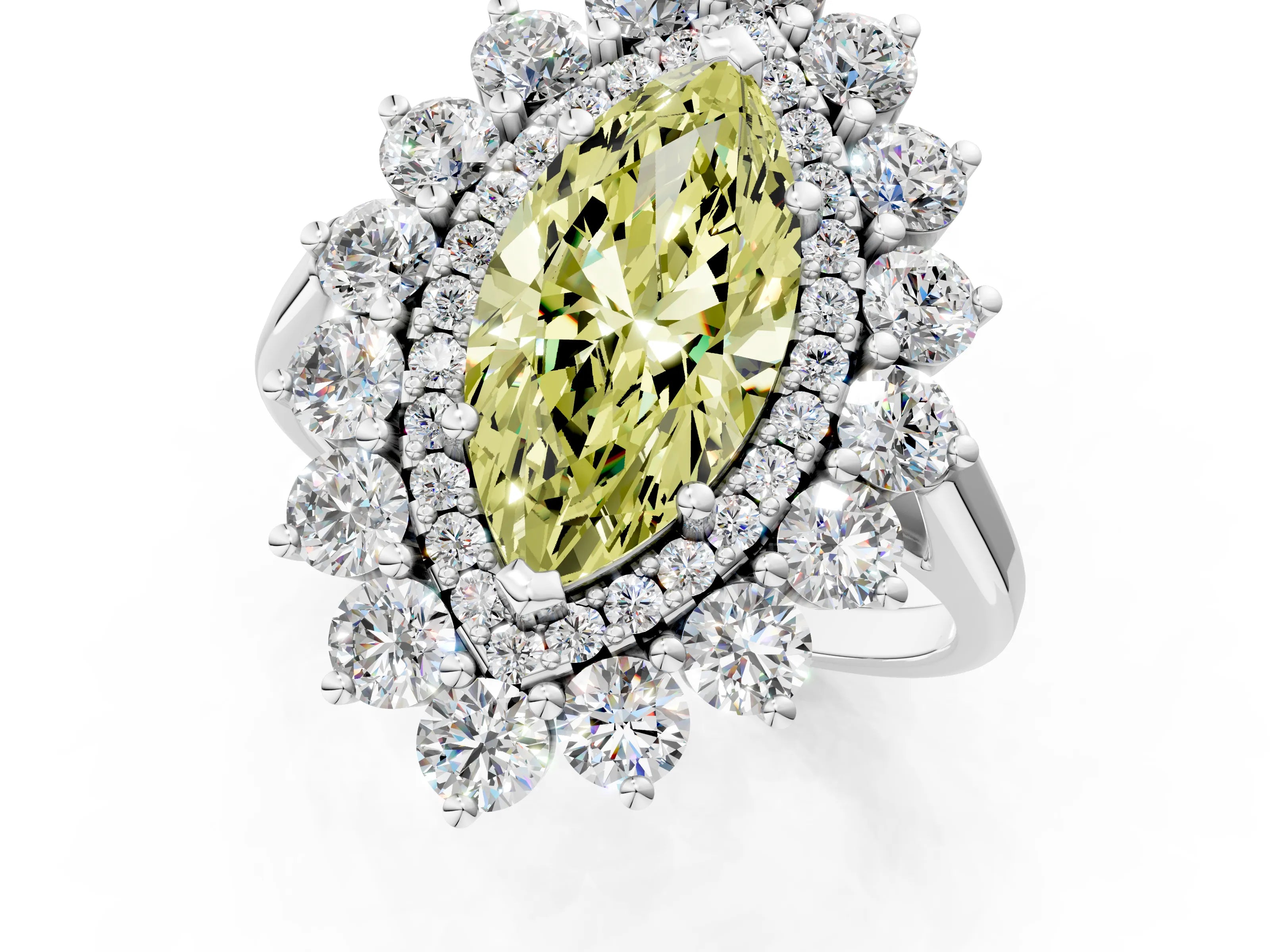White gold Fancy Yellow Marquise Cut Halo Cluster Diamond Ring with Pave Band and Four-Prong Setting_13