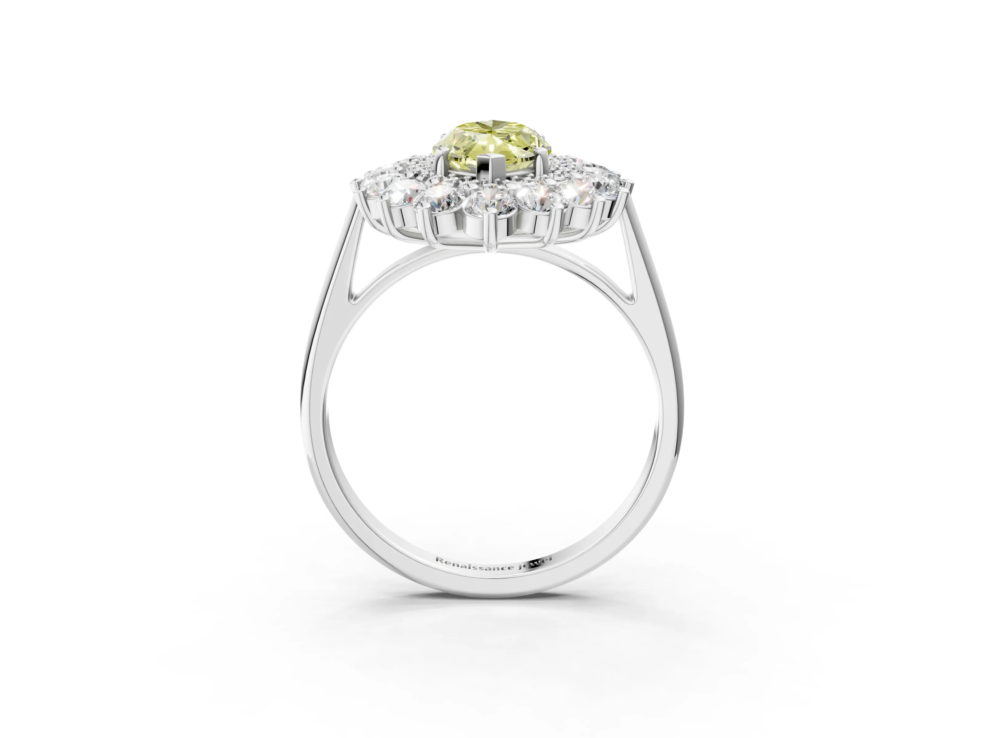 White gold Fancy Yellow Marquise Cut Halo Cluster Diamond Ring with Pave Band and Four-Prong Setting_15