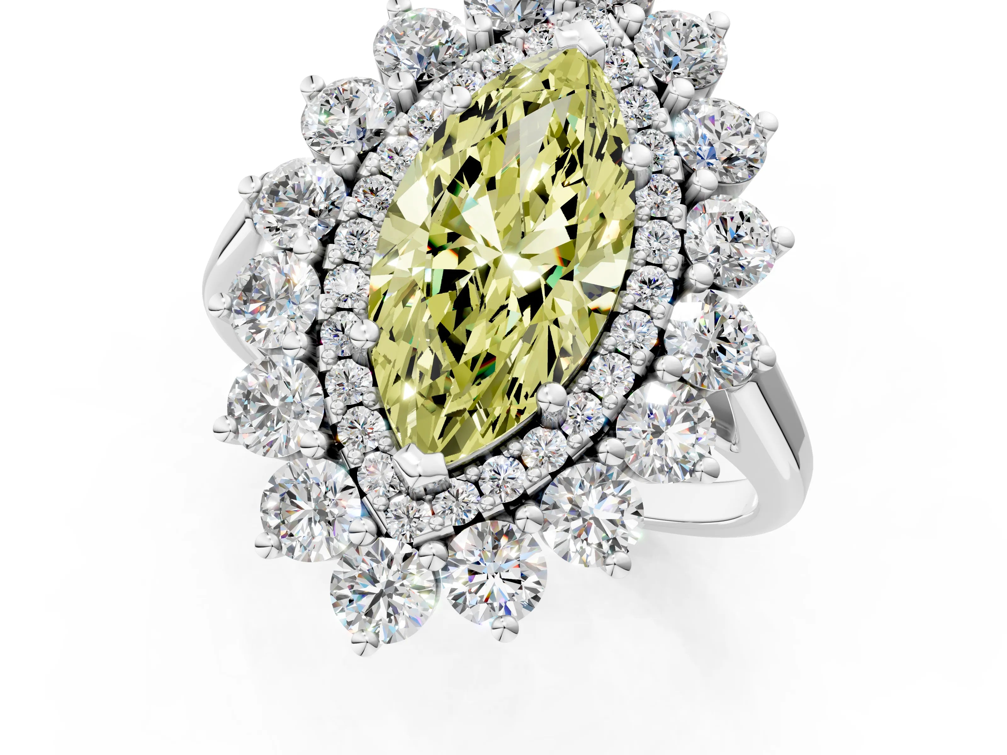 White gold Fancy Yellow Marquise Cut Halo Cluster Diamond Ring with Pave Band and Four-Prong Setting_1