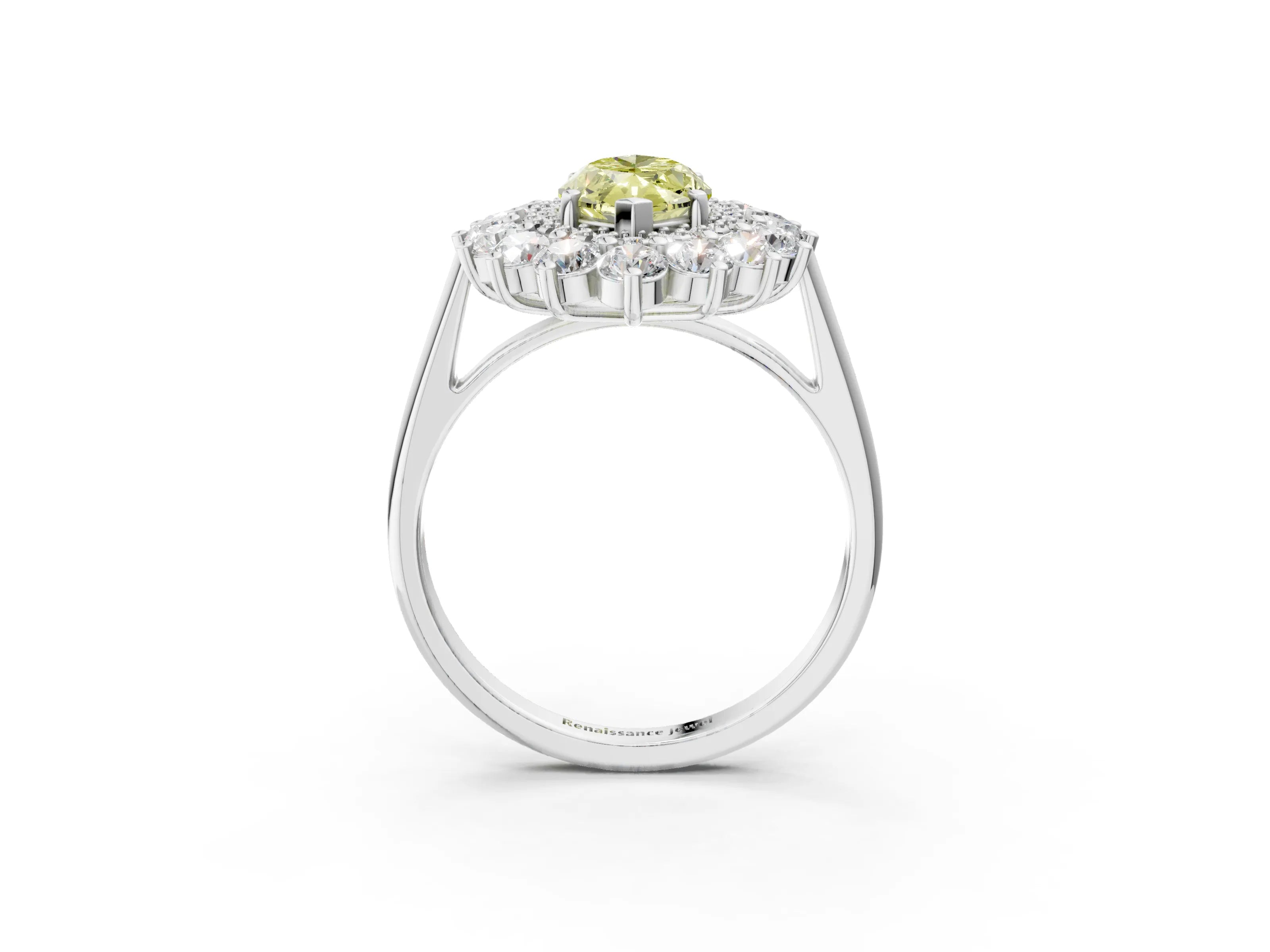 White gold Fancy Yellow Marquise Cut Halo Cluster Diamond Ring with Pave Band and Four-Prong Setting_3