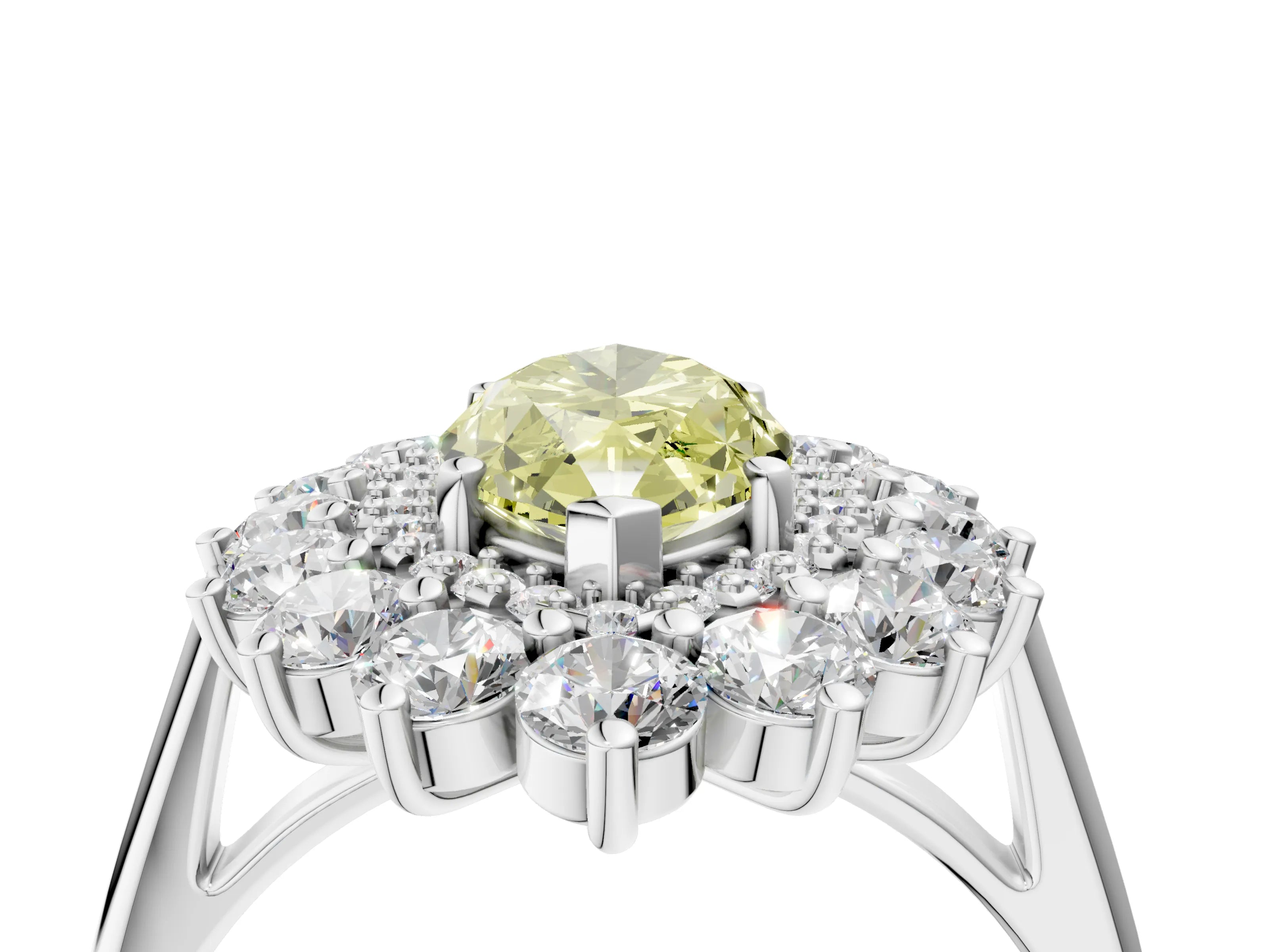 White gold Fancy Yellow Marquise Cut Halo Cluster Diamond Ring with Pave Band and Four-Prong Setting_4