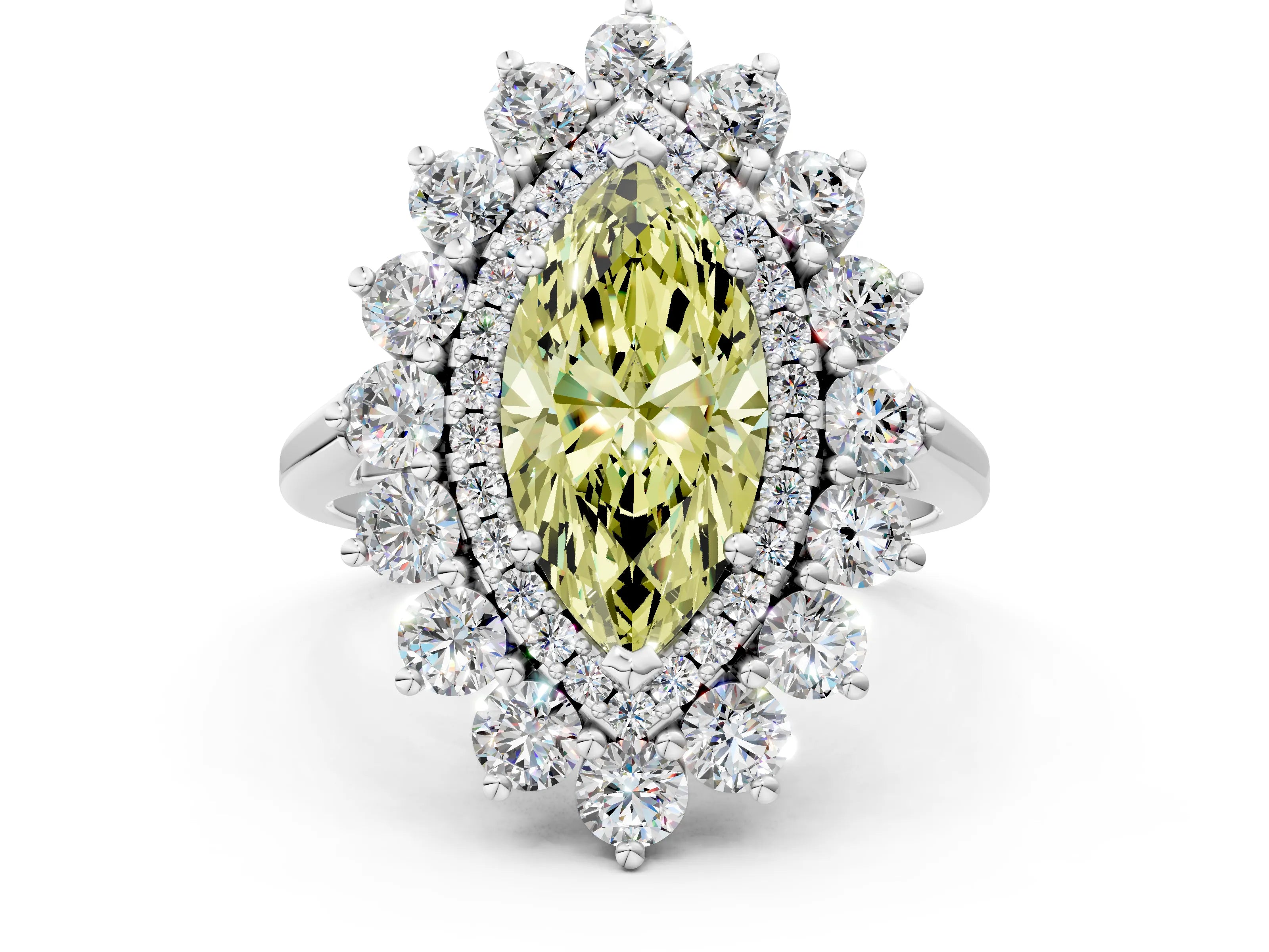 White gold Fancy Yellow Marquise Cut Halo Cluster Diamond Ring with Pave Band and Four-Prong Setting