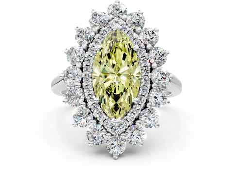 White gold Fancy Yellow Marquise Cut Halo Cluster Diamond Ring with Pave Band and Four-Prong Setting