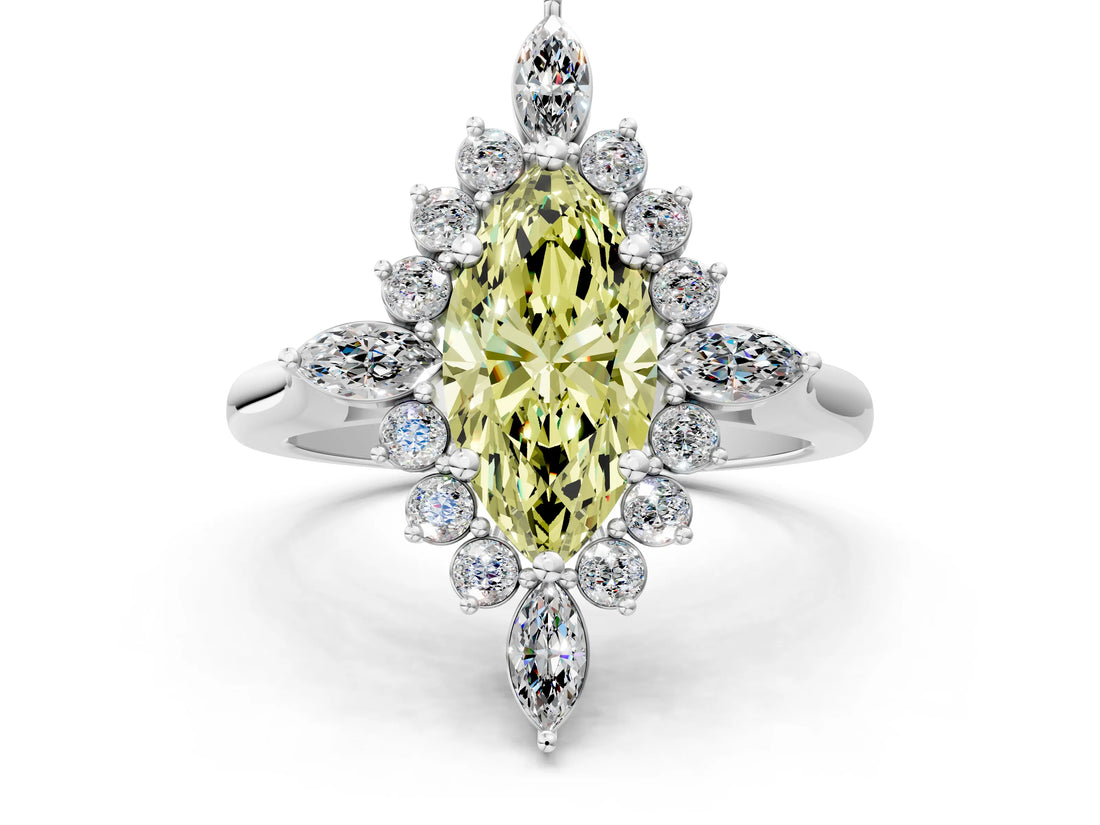 White gold Fancy Yellow Marquise Cut Halo Diamond Cluster Ring with Marquise and Round Stones on a White Gold Band with Prong Setting