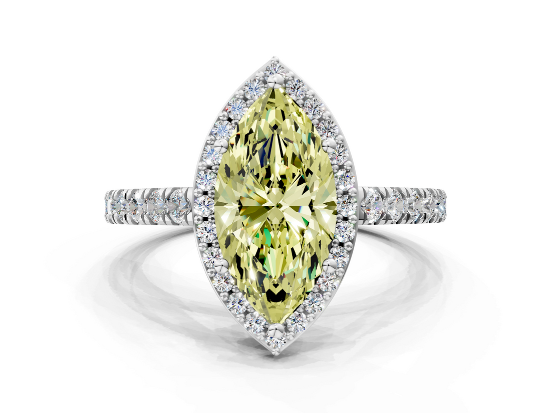 White gold Fancy Yellow Marquise  Cut Halo Diamond Engagement Ring with Pave Band and Four-Prong Setting