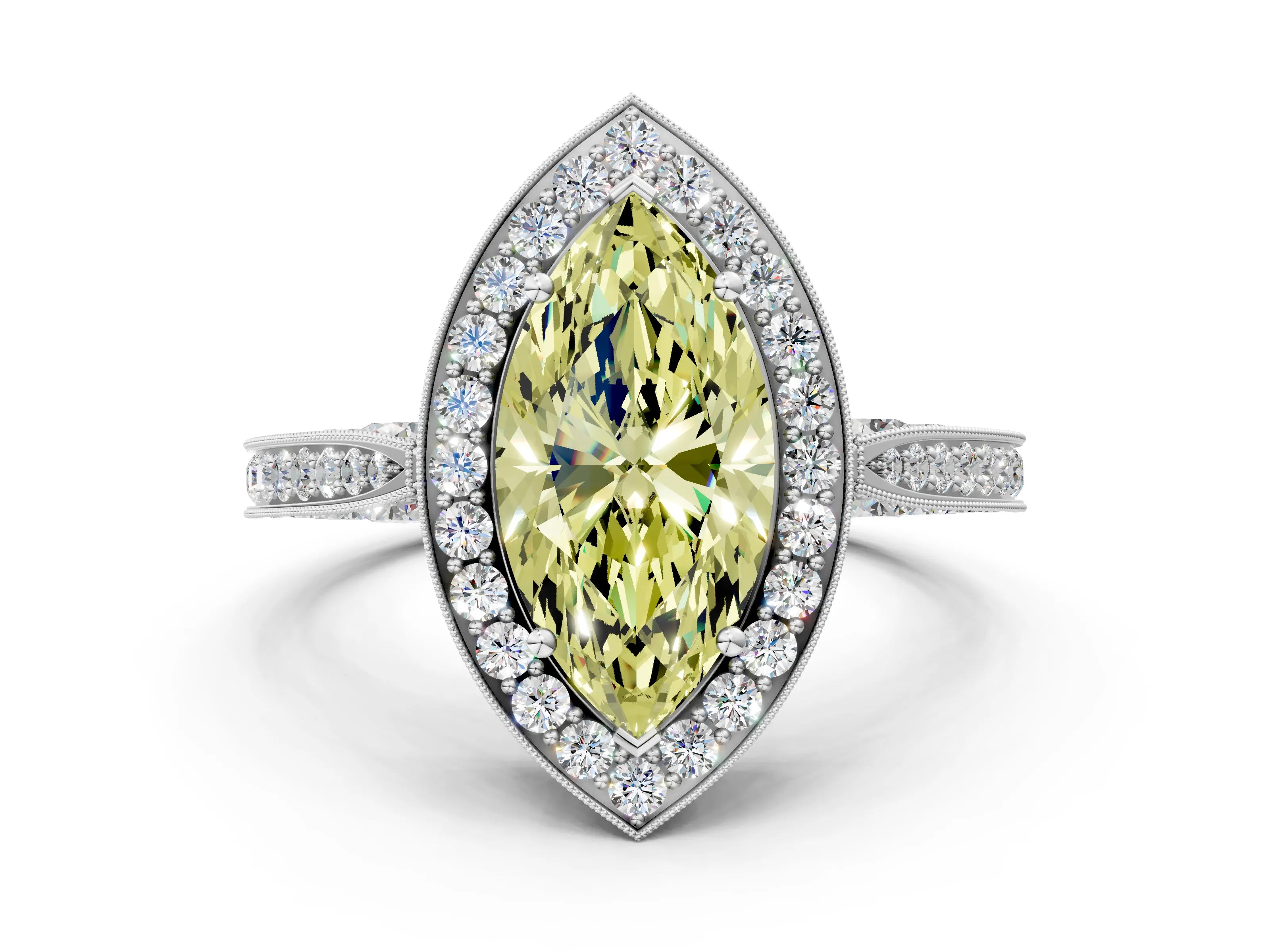 White gold Fancy Yellow Marquise Cut Halo Diamond Engagement Ring with Split Shank Band and Four-Prong Setting_12