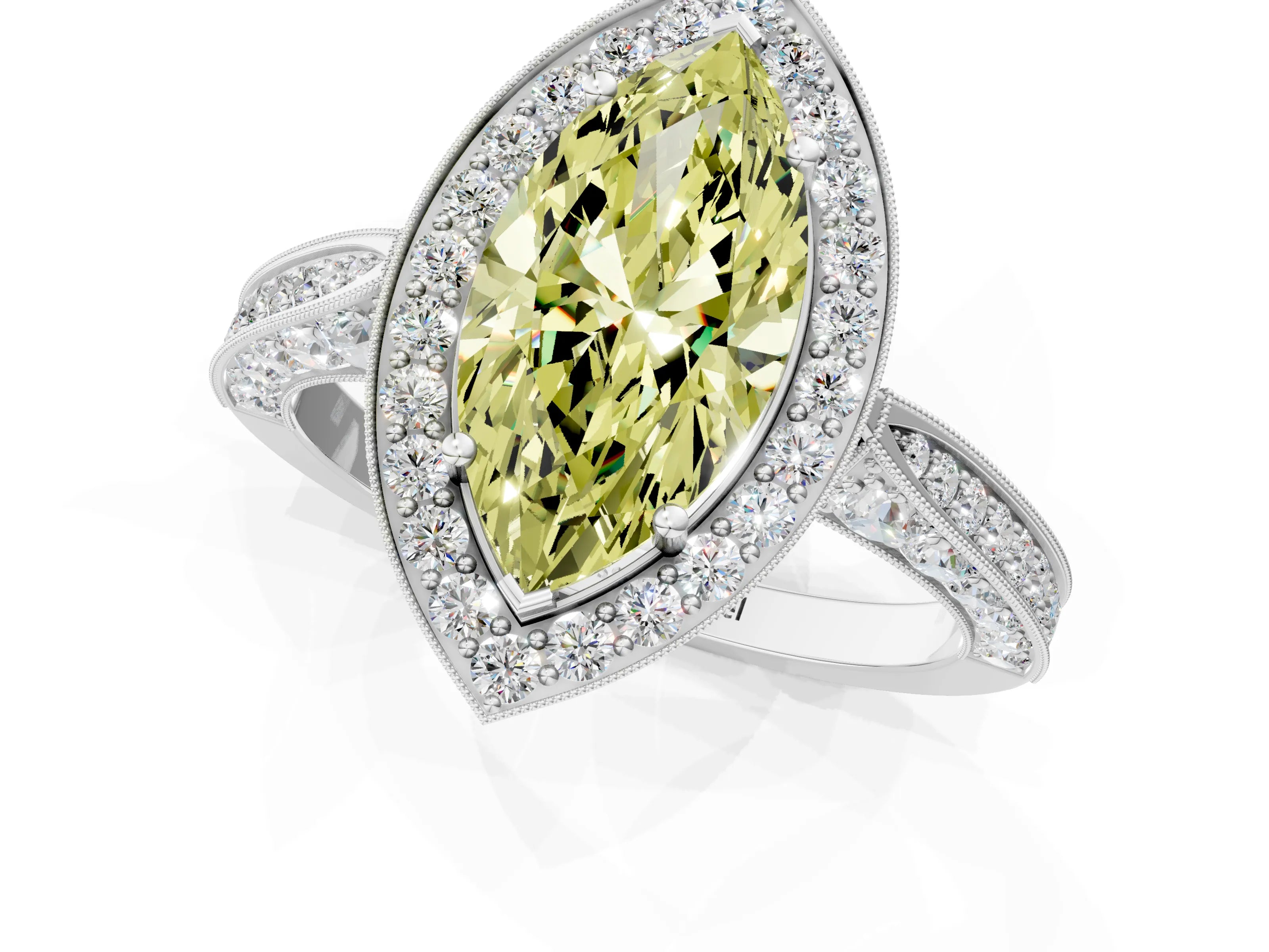 White gold Fancy Yellow Marquise Cut Halo Diamond Engagement Ring with Split Shank Band and Four-Prong Setting_13