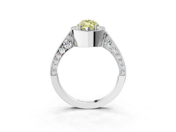 Platinum Fancy Yellow Marquise Cut Halo Diamond Engagement Ring with Split Shank Band and Four-Prong Setting