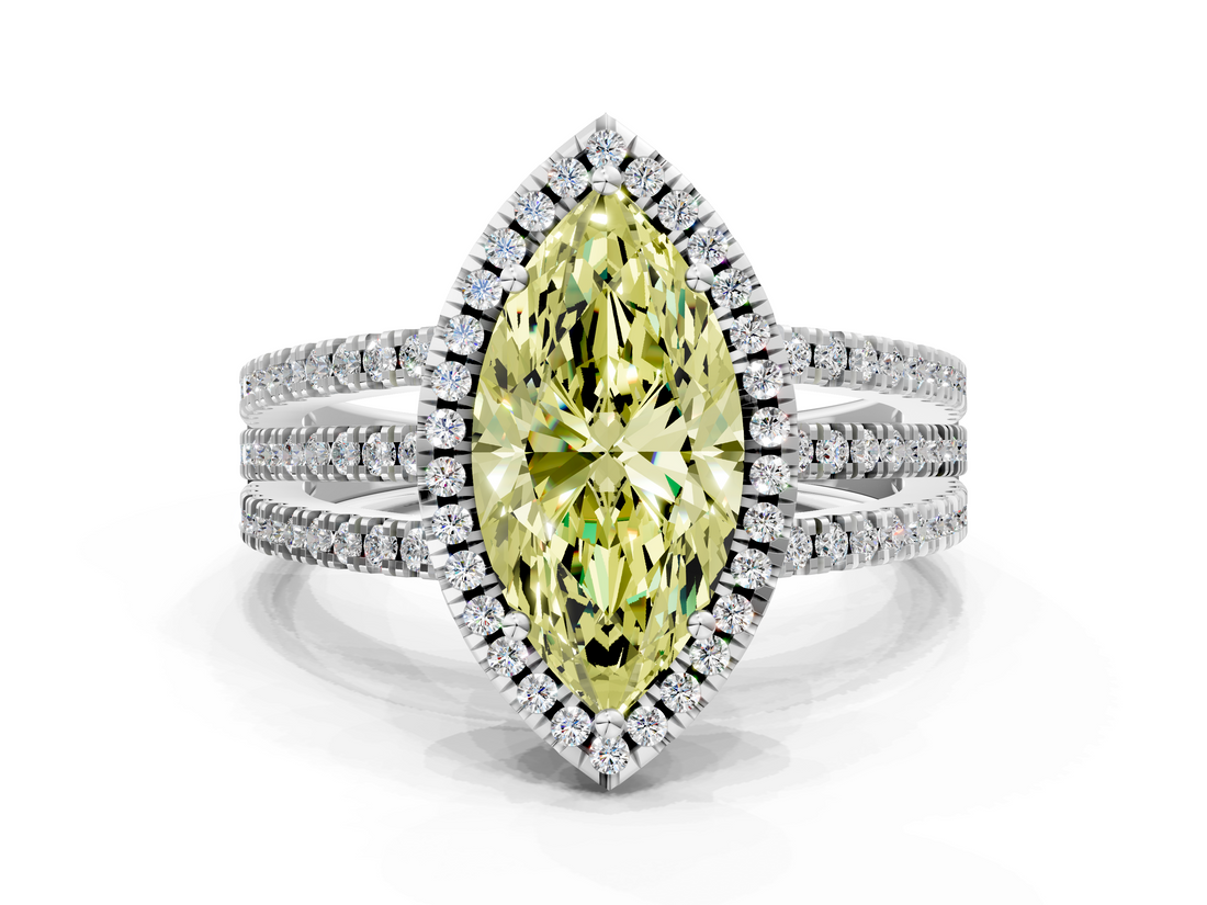 White gold Fancy Yellow Marquise  Cut Halo Diamond Engagement Ring with Split Shank and Four-Prong Setting