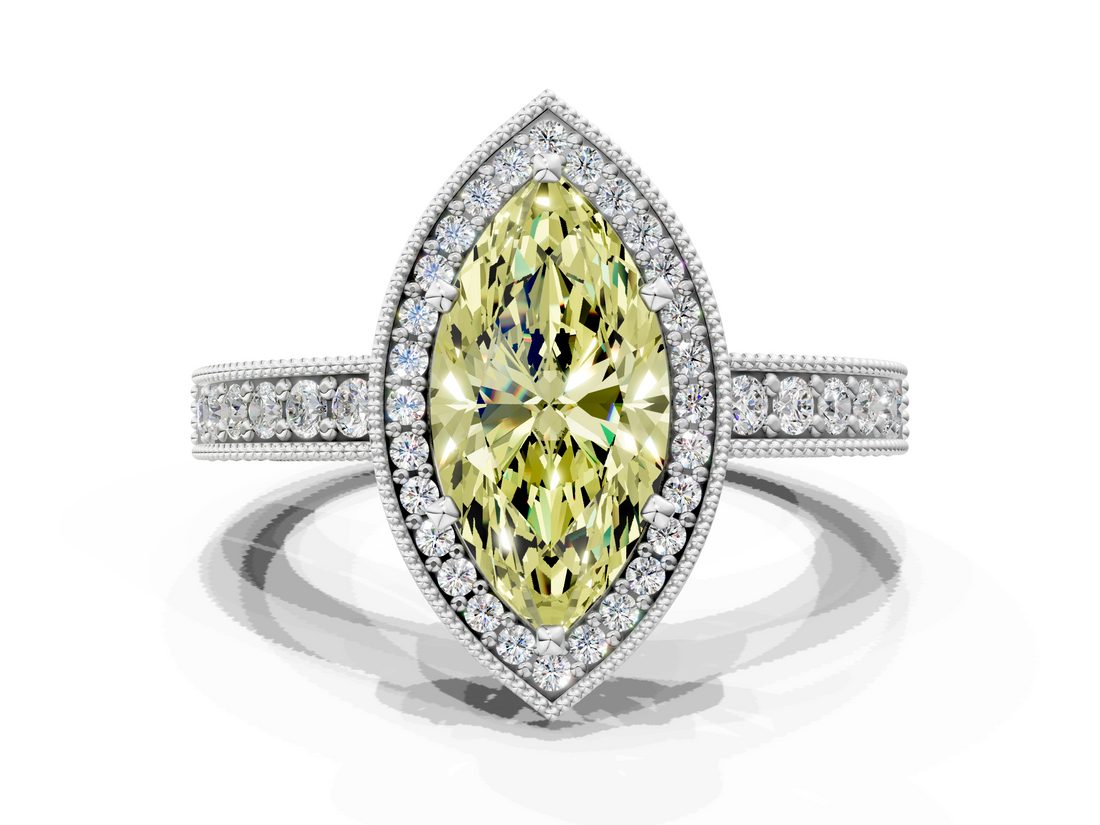 White gold Fancy Yellow Marquise  Cut Halo Diamond Pave Band Ring with Four-Prong Setting